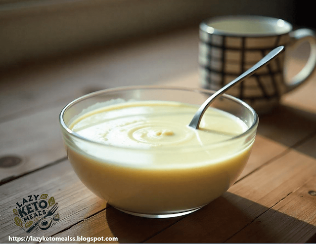 A glass  bowl of creamy white  chowder, with a spoon dipping into the liquid. The background includes a mug or cup with a black and white design