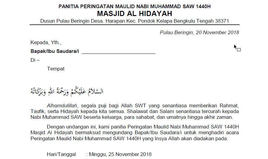 Contoh Surat Undangan Acara Maulid Nabi Muhammad Saw Tutup Kurung