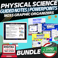 Physical Science Interactive Guided Notes and PowerPoints NGSS, Next Generation Science Standards, Google and Print , Element Guided Notes, Atoms Guided Notes, Matter Guided Notes, Forces & Motion Guided Notes, Simple Machines Guided Notes, Waves Guided Notes, Energy Guided Notes