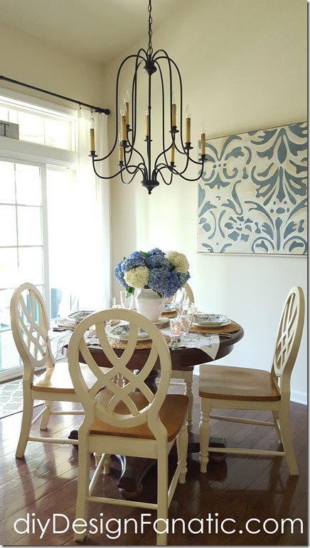 blue and white tablescape, hydrangeas, breakfast room, diyDesignFanatic.com