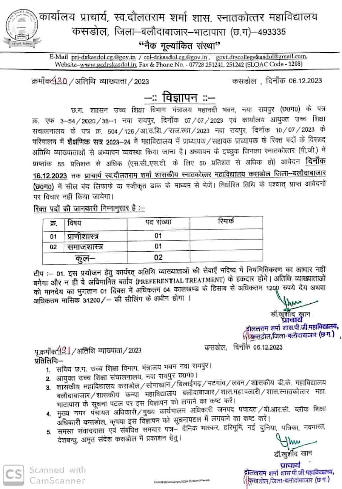 Cg Higher Education District Balodabazar Vacancy 2024 | छत्तीसगढ़ के उच्च शिक्षा विभाग जिला बलौदाबाजार में रिक्त पदों पर भर्ती