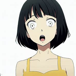 woman, black bob hair, surprised expression, cel anime