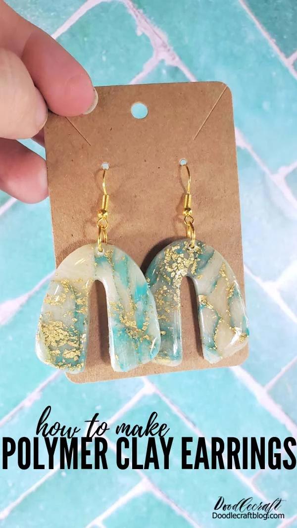 Learn how to make marbled polymer clay earrings that look like quartz crystal and turquoise with gold leaf. So gorgeous!