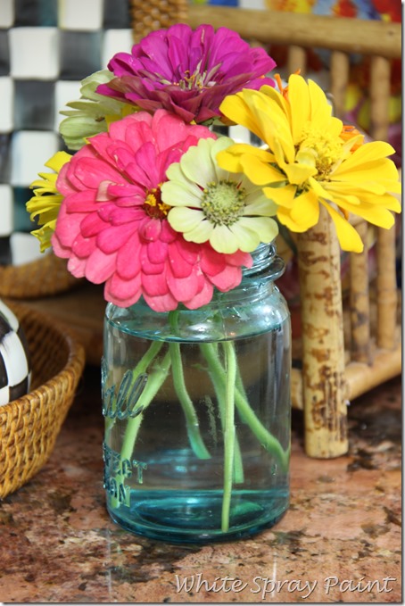 Zinnias in a Turquoise Mason Jar