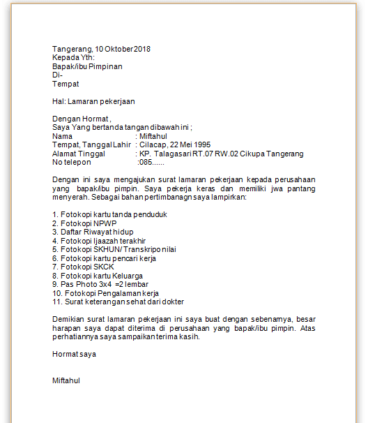 Contoh Surat lamaran pekerjaan yang baik dan benar