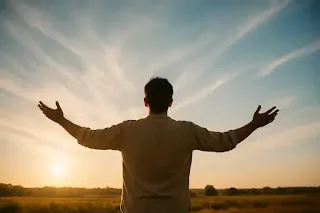 "खुले आसमान के नीचे एक व्यक्ति हाथ फैलाकर खड़ा है, जैसे ब्रह्मांड को समर्पण कर रहा हो।"
