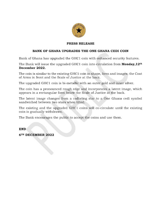 Bank of Ghana upgrades the One Ghana Cedi (GH¢1) coin.