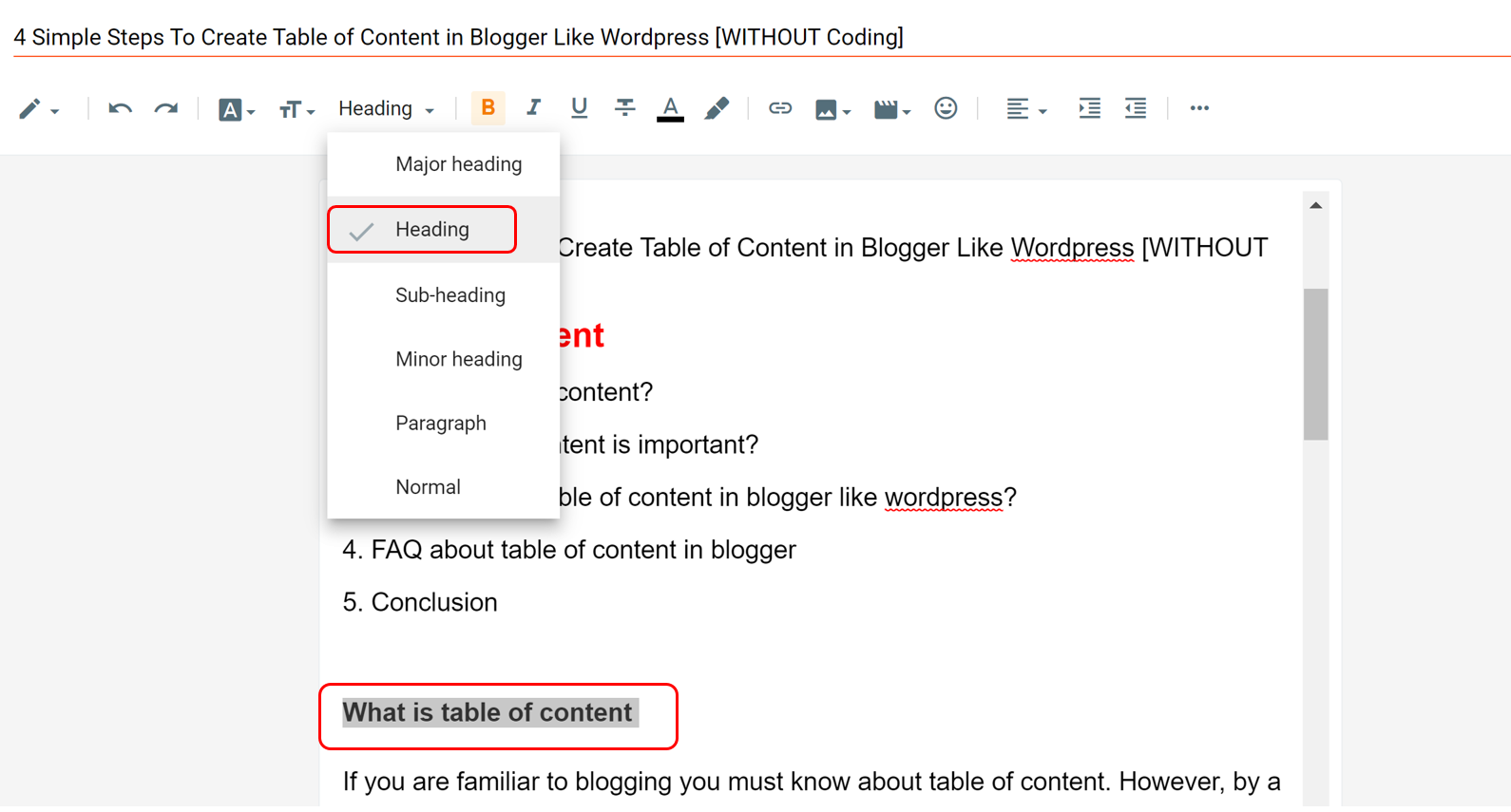 How to create table of content in blogger like wordpress