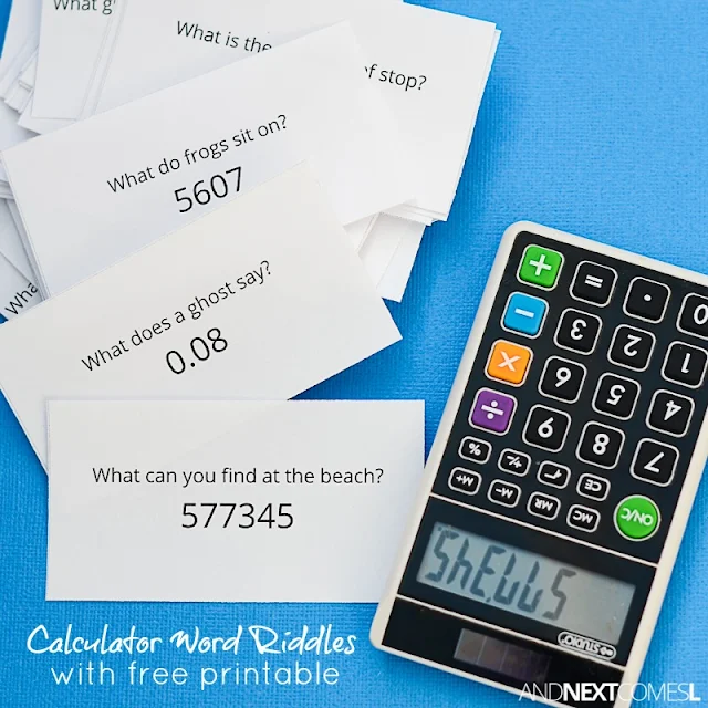 Free printable calculator word riddles for kids - a fun math and literay activity for kids using a calculator from And Next Comes L