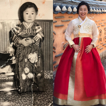 Two side by side pictures. The one on the left is a black and white photo of a young Korean girl in traditional clothes. The one on the right is Sara Jones wearing traditional Korean clothing.