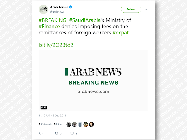 The remittances coming from overseas Filipino workers (OFWs) helps the Philippine economy on its feet for decades. Because many Filipinos count on their relatives or family member working abroad for their monthly expenses, particularly those who are working in Saudi Arabia, was worried about a recent news that the Saudi Arabian government will impose taxes on remittances sent by expatriates including thousands of OFWs in the Gulf region.      Ads     Sponsored Links       The Ministry of Finance has denied rumors with regard to the imposition of fees on remittance by foreign workers.   “Referring to what has been circulated by some media about the proposal to impose fees on remittance by foreign workers, the Ministry of Finance categorically denies this and affirms the commitment to support the free movement of capital through official channels in accordance with the best international standards and practices,” the ministry said in a statement carried by the Saudi Press Agency.  The statement noted that the ministry aims by this to boost investor confidence in the economy and achieve further growth of the economy within the framework of the Kingdom’s Vision 2030 so as to enhance the competitiveness of the economy and its attractiveness to foreign investments.  It is to be noted that the ministry spokesman had denied in January 2017 a similar report about the move to impose a fee on foreign remittance.