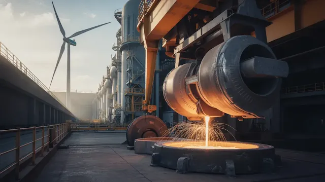 A photograph depicting a modern steel mill, showcasing the integration of clean energy technology. A massive wind turbine, with bright white blades, stands prominently in the background, subtly powering the facility which is producing steel. The foreground features a close-up view of molten steel being poured into a mold, with visible sparks and glowing orange hues, reflecting the efficiency and innovation of sustainable industrial practices. Soft, diffused sunlight illuminates the scene, creating a sense of progress and environmental responsibility.