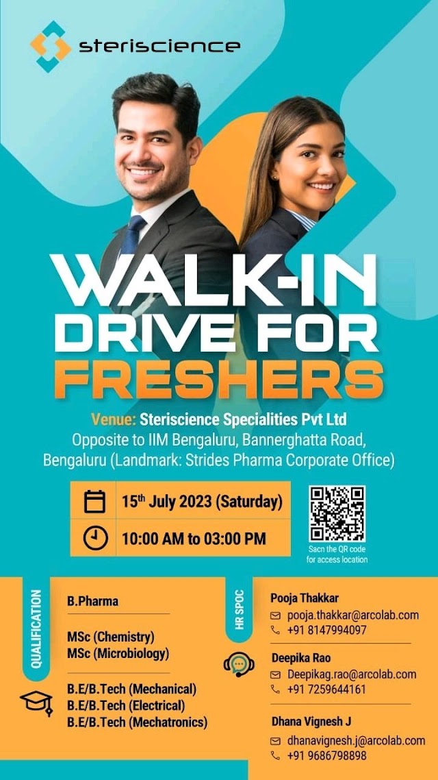 Steriscience Specialities | Walk-in Interview for Freshers on 15th July 2023