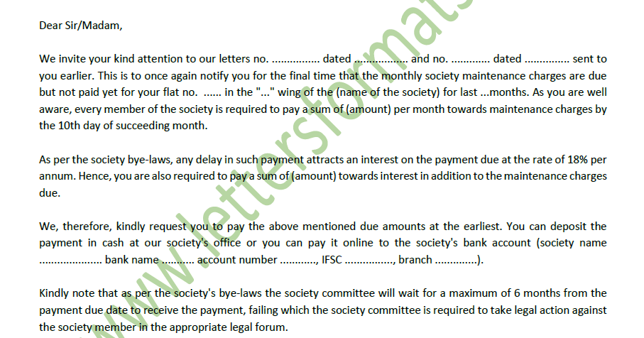 Notice Letter to Society Members for Maintenance Charges Due