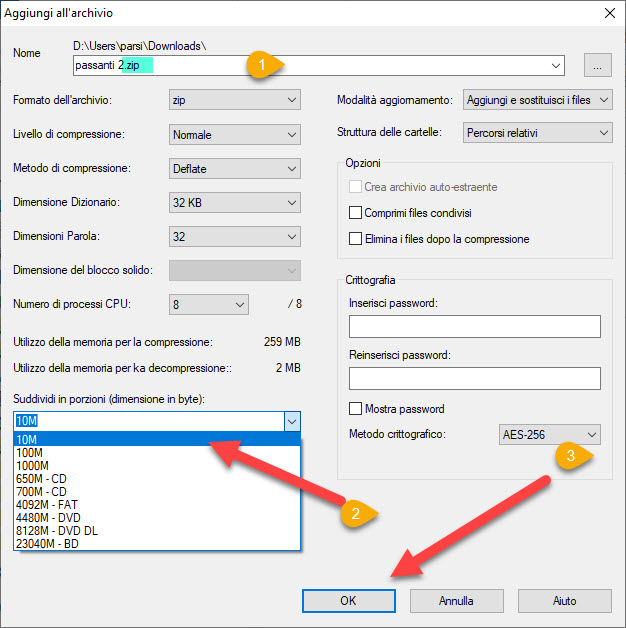 come dividere un file in parti con 7-zip