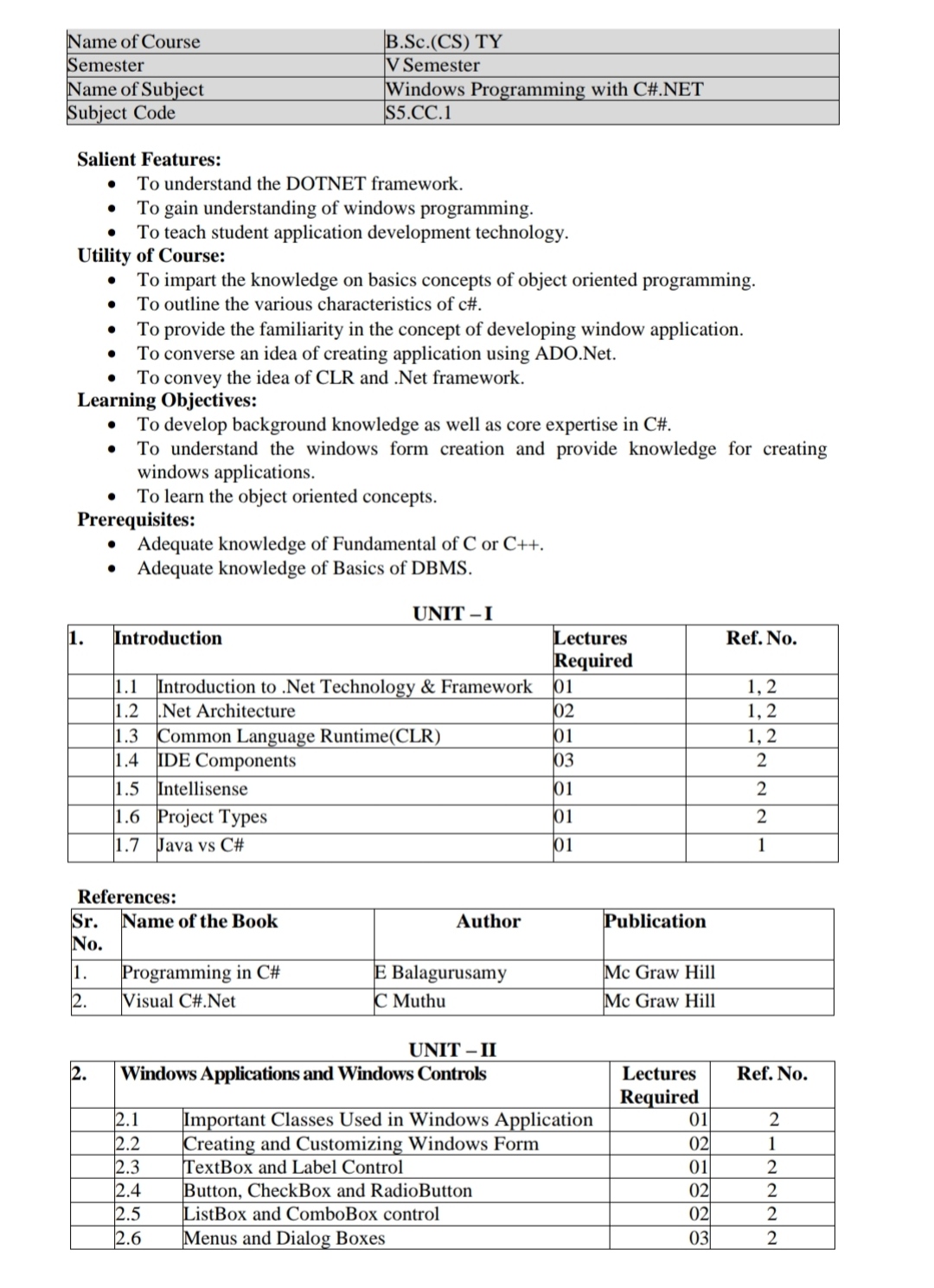 srtmun university bcs bsc cs syllabus 2020 2021 windows programming with c# c sharp .net