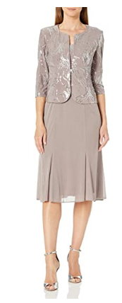 Women's Tea Length Mock Dress with Sequin Jacket (Petite and Regular Sizes) Dress - 2021