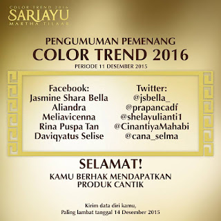 Pengumuman Pemenang Sariayu #ColorTrend2016 periode 11 Desember 2015