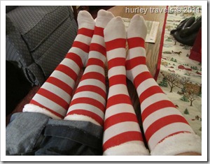 Tradition of wearing Christmas socks for Nancy and Krissy.