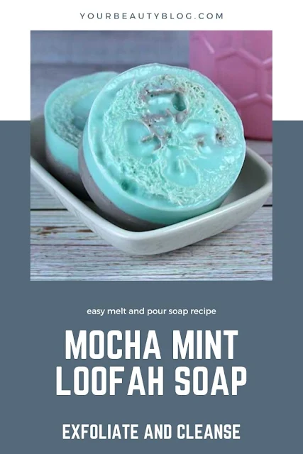  How to make DIY mocha mint loofah soap. This easy recipes uses melt and pour soap for round bars of soap. It scrubs and exfoliates the skin.  This has a natural fragrance oil blend with peppermint essential oil and cocoa absolute. Use mica to color it. If you need gift ideas, try this easy glycerin soap techniques.  Easy tutorials that you can try at home. #soap #looofah #loofahsoap #meltandpour #peppermint