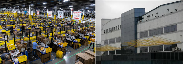 A different view of a very busy Amazon fulfillment facility, and a Foxconn factory with suicide nets.