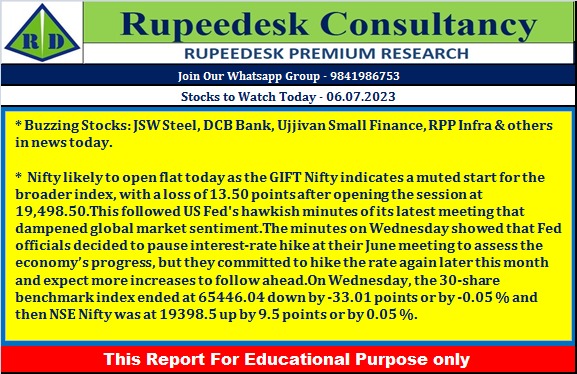 Stock to Watch Today - Rupeedesk Reports - 06.07.2023