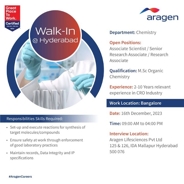Aragen Life Sciences | Walk-in interview for Research Associates on 16th Dec 2023