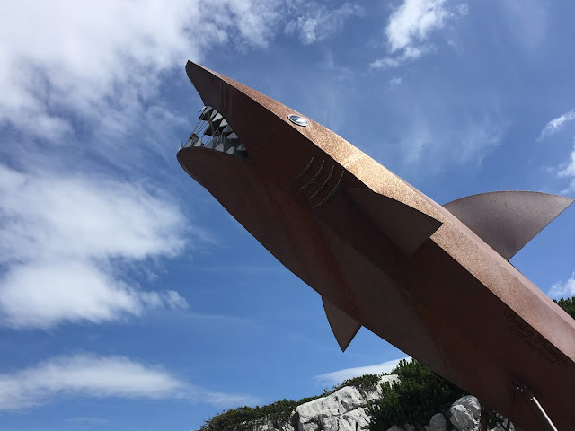 The shark structure marking the end of the Dachstein shark trail, the view point is at the mouth of the shark which can be reached from inside through steps