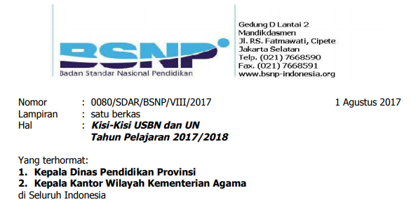 KISI-KISI USBN DAN UN SMP/MTS SMA/SMK/MA TAHUN 2018 (TAHUN PELAJARAN 2017/2018)