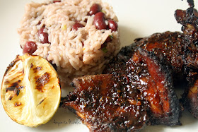 Close up of Jerk Chicken with Rice and Peas and Roasted Lime from www.anyonita-nibbles.com