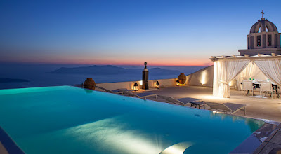 swimming pool with a beautiful view on santorini resort