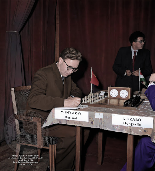 First Round World Chess Championship Candidates Tournament. Vasily Smyslov (Russia) in his match against Lazlo Szabo, Aula Vossiusgymnasium in Amsterdam, March 26, 1956.