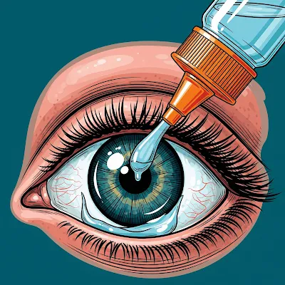 O ilustrație stilizată, asemănătoare unei desene anatomice vintage, care arată picături de ochi transparente căzând pe un ochi, creând o suprafață lucioasă și netedă, sugerând lubrifiere și confort.