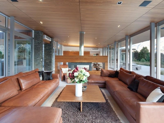 Living room with brown furniture 