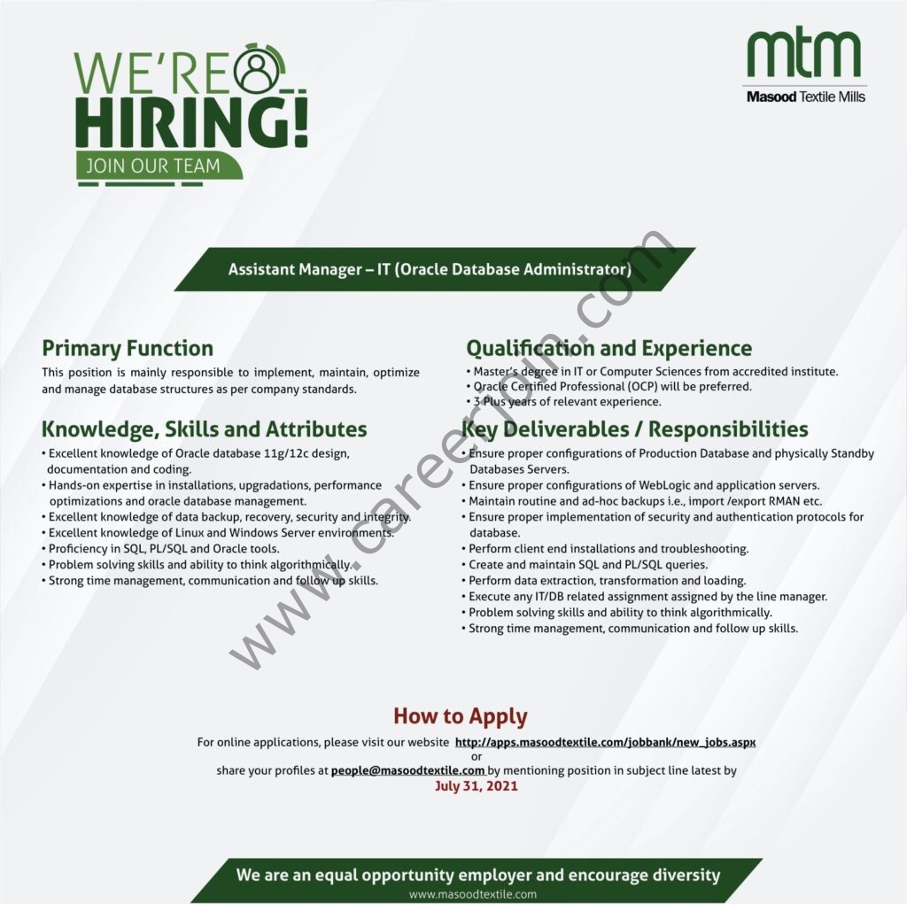 www.masoodtextile.com Jobs 2021 - Masood Textile Mills Ltd MTM Jobs 2021 in Pakistan