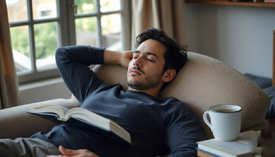 Man napping on a couch with a book on his chest and coffee mug nearby