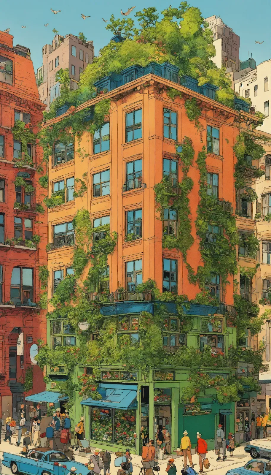 Illustration of a green NYC building in bright comic style, featuring a sunny day and lots of people,