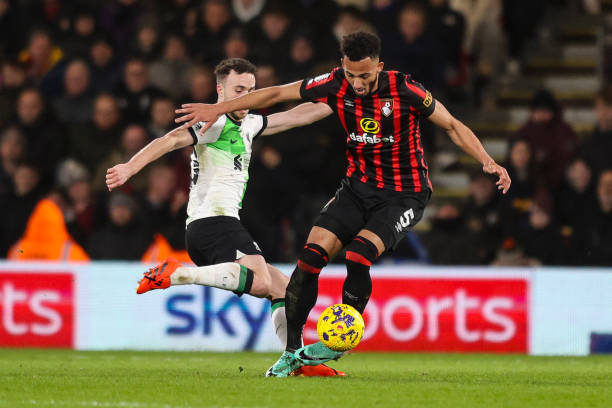 Diogo Jota of Liverpool and Lloyd Kelly of Bournemouth