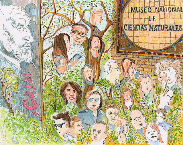 This a cartoon drawing by artist Dawn Hunter documenting the visitors to the Museo National de Ciencias Naturales, Madrid, Spain