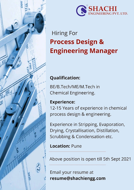 Job Availables, Shachi Engineering Pvt Ltd Job Vacancy For Experienced B.E/ B.Tech/ M.E/ M.Tech - Chemical Engineering- Process Design