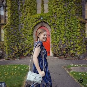 awayfromtheblue Instagram | navy ikat print dress and silver rebecca minkoff mini MAC bag in liberton kirkyard church