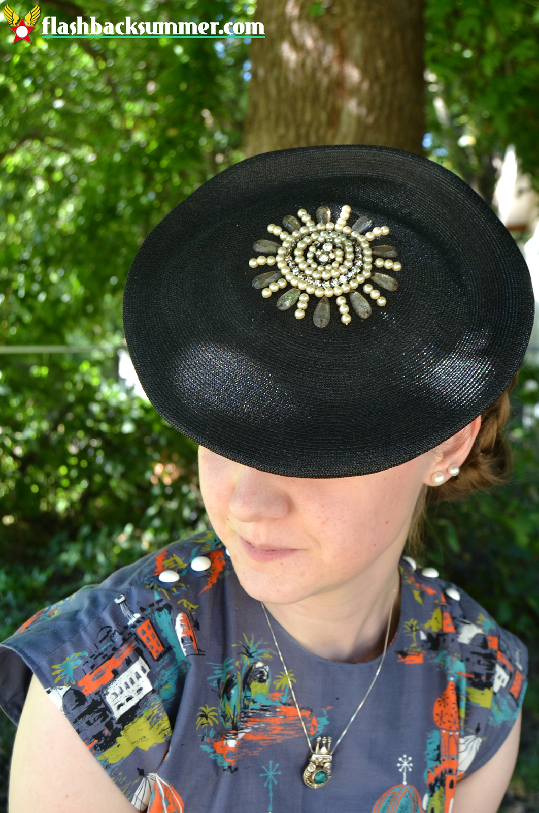 Flashback Summer: Middle East Novelty Skirt Refashion Deets -  1940s tilt hat