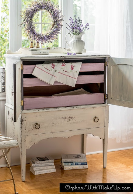 painted highboy dresser with contrasting drawers