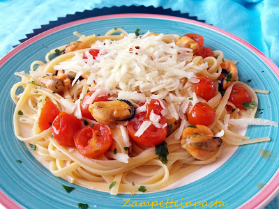 Linguine con cozze, pomodorini e pecorino - Primo piatto di pesce