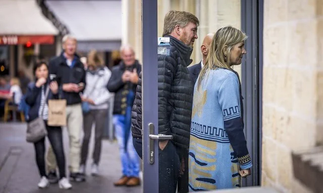 Maxima wore a blue nordic print frill long knit cardigan by Only Myra and Michael Kors jumpsuit, Tod's loafers, Marina Raphael bag