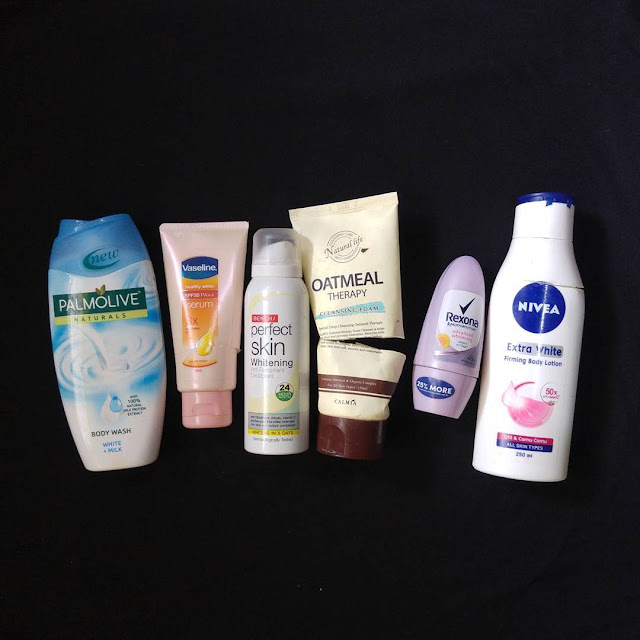 (1) Palmolive White+Milk Body Wash (2) Vaseline Healthy White Serum (3)Bench Perfect Skin Deo Spray (4) Calmia Oatmeal Therapy Cleansing Foam (5) Rexona Motionsense Advanced Whitening Deo (6) Nivea Extra White Lotion