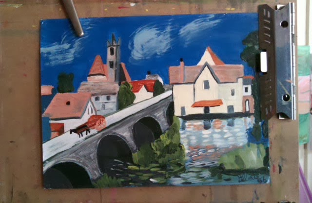 Acrylic sketch of European village from photos I took when I visited ; by Gloria Poole