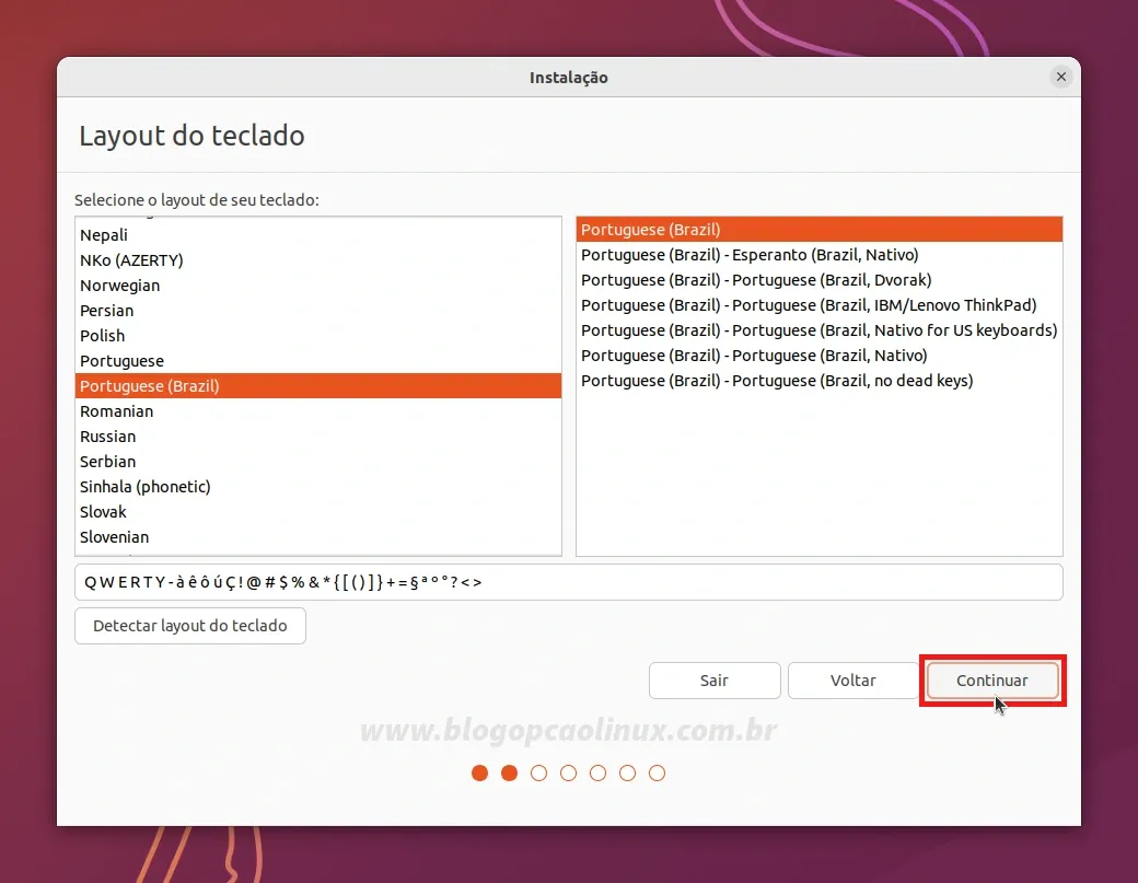 Defina o layout do seu teclado e clique no botão 'Continuar'