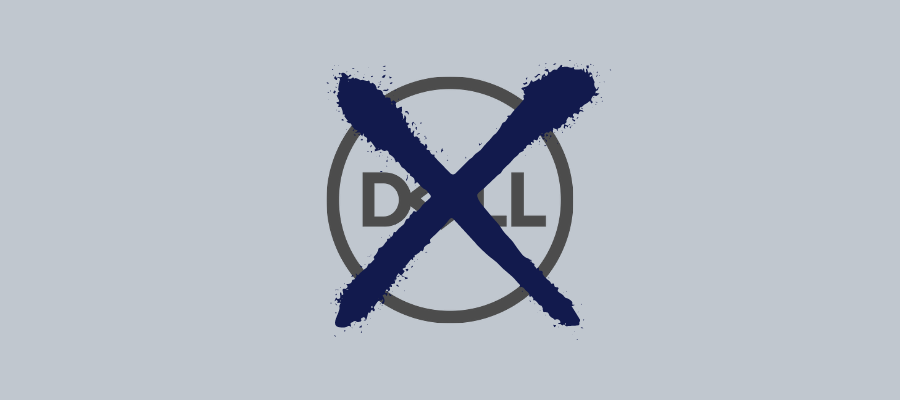 A imagem apresenta o logo da empresa de tecnologia Dell em fundo acinzentado, com um X em tom de azul sobre ele, em sinal de represária.