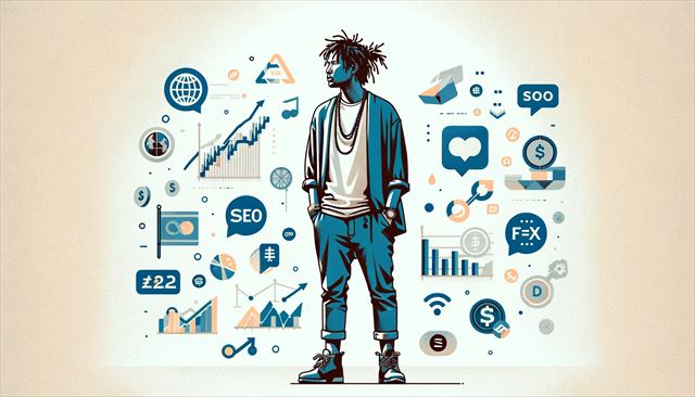 A new minimalist, abstract illustration featuring a casually dressed Japanese man with dreadlocks, symbolizing a pivotal moment of change in his digital engagement strategies. This scene should capture the transition from dedicating time to an unfulfilling social media account to exploring new opportunities in SEO affiliate marketing, ad affiliate marketing, stock trading, and FX trading. Include abstract representations of these new ventures, such as symbolic icons for SEO, advertising, stocks, and currency, to indicate a broadening of focus. Also, subtly incorporate elements that suggest a departure from intensive social media efforts, like a dimmed-out social media icon. Ensure this illustration is unique and does not replicate any previously provided imagery, focusing on the theme of redirection and the pursuit of diverse interests.